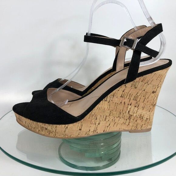 Charles by Charles David Lambert Wedge Black Sandals Cork Ankle Strap - Picture 3 of 8